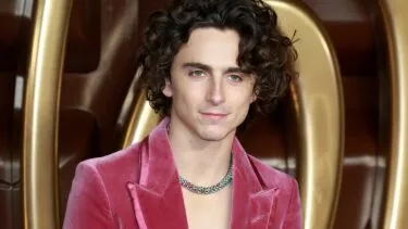 Timothée Chalamet med krøllet brunt hår bærer en pink fløjlsjakke og en sølvhalskæde og står foran en dekorativ baggrund af guld.