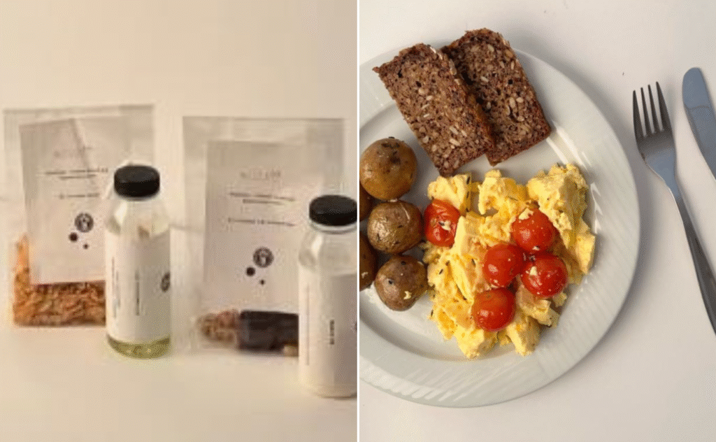 Delt billede: Til venstre, emballerede madvarer og flasker. Til højre en tallerken med røræg, cherrytomater, ristede kartofler og to skiver brunt brød, med bestik ved siden af tallerkenen.