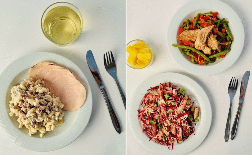 Et splitbillede viser to måltider på hvide tallerkener: til venstre pastasalat med kalkun i skiver og et glas juice; til højre en skål med blandede grøntsager med kylling, en salat med krabbepinde og en lille kop ananas.