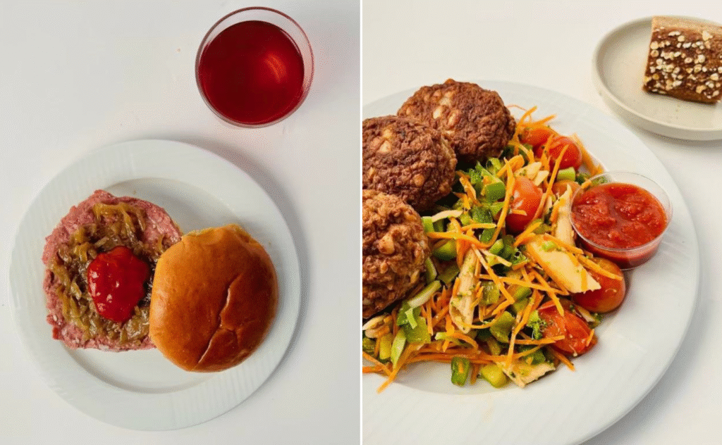 Et delt billede: venstre side viser en burger med ketchup og løg på en bolle med en rød drink; højre side viser grøntsagssalat, tre falafelbøffer, tomatsauce og en skive brød på en lille tallerken.