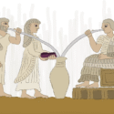 Illustration af tre gamle mesopotamiske figurer i traditionelle klæder, der drikker af en stor keramikkrukke med lange sugerør; en person sidder på en skammel, mens de to andre står ved siden af krukken.