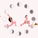 Fire kvinder i atletiske stillinger - løb, yoga, udspring med en håndvægt og brug af en Pilates-reformer - vises inde i et cirkulært arrangement af månefaser på en lyserød baggrund.