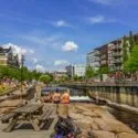Folk slapper af og bader ved en flodbred i en by, omgivet af moderne boligblokke, grønne områder og parkerede cykler under en solrig himmel. Et picnicbord af træ og klipper ses i forgrunden.