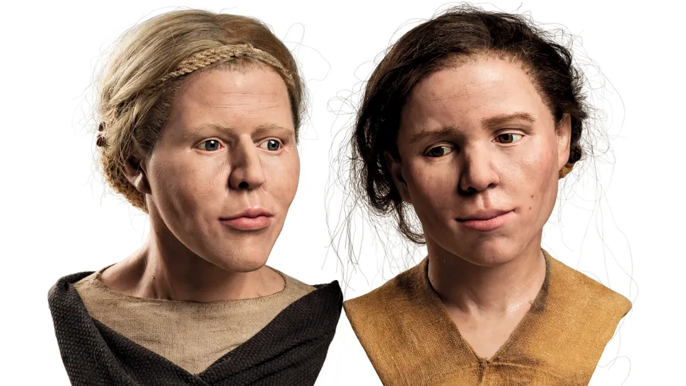 To realistiske ansigtsrekonstruktioner af antikke kvinder med lys hud og brunt hår, vist fra skuldrene og op mod en hvid baggrund. Den ene har sirligt flettet hår, den anden har pjusket hår.