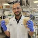En smilende forsker iført sikkerhedsbriller og handsker holder klumper af fibermateriale i begge hænder i et laboratorium fyldt med udstyr og forsyninger.
