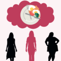 Fem kvinder i silhuet står under en lyserød tankeboble, der indeholder en tallerken med mad og bestik, hvilket antyder tanker eller bekymringer om spisning eller kropsbillede.