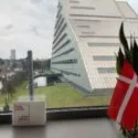 En moderne glasbygning set gennem et vindue på en regnvejrsdag, med et dansk flag og en potteplante i vindueskarmen samt et skilt med teksten Dansk Kulturinstitut på engelsk og dansk.