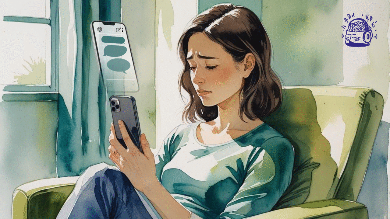 En kvinde med brunt hår sidder i en grøn lænestol og kigger bekymret på sin telefon. Digitale chatbobler og et interface til en besked-app svæver over enheden. Sollyset strømmer ind gennem et vindue bag hende.