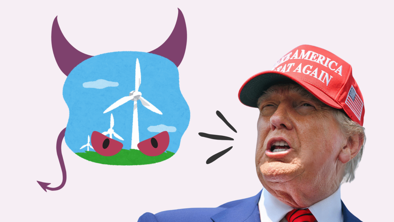 Trump med en rød Make America Great Again-hat taler til en tegneserie-vindmøllescene, der er afbildet som en djævel med horn, hale og vrede øjne.