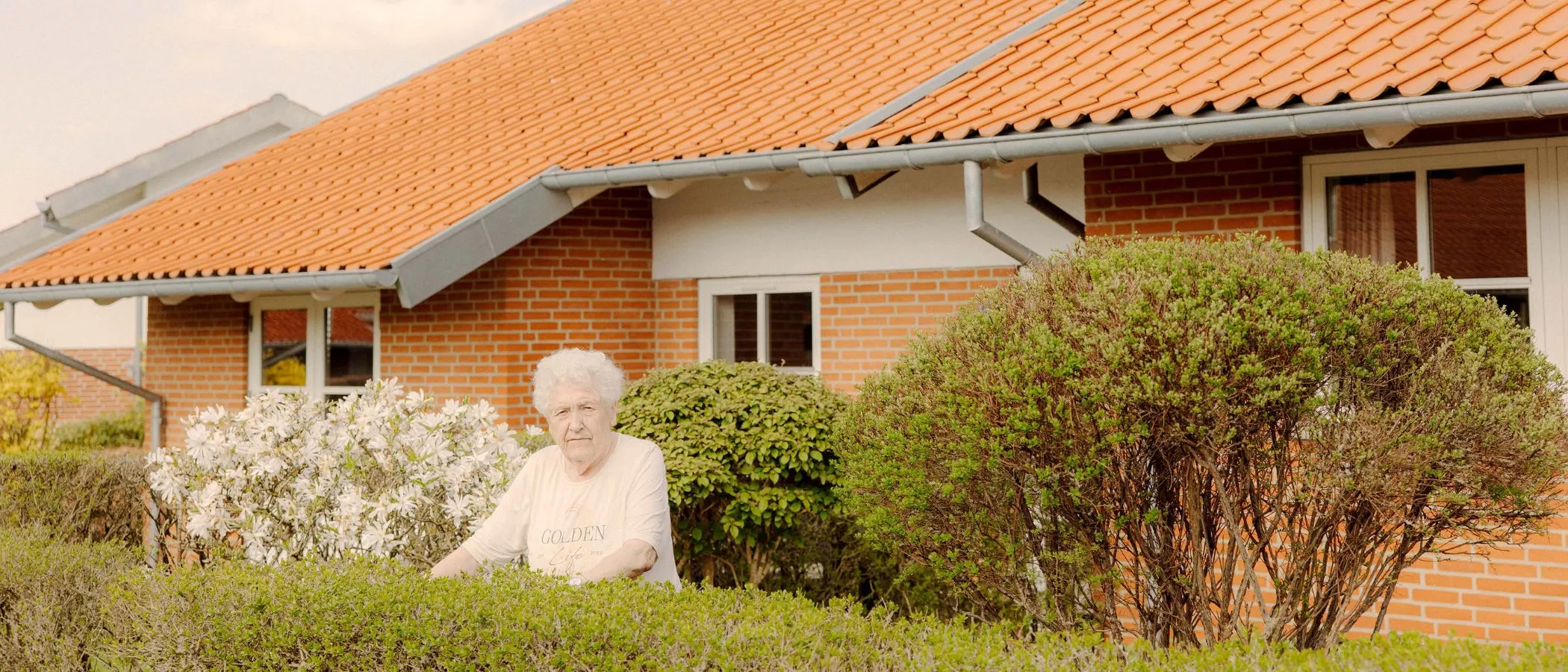 En ældre person med kort, hvidt hår står foran et murstenshus med rødt tegltag, omgivet af grønne og blomstrende buske på en solrig dag.