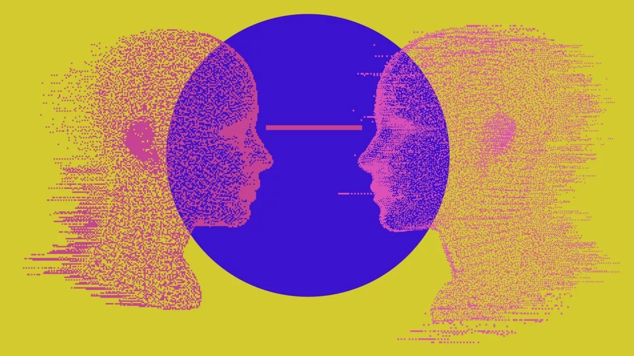 Digital illustration af to menneskeprofiler, der står over for hinanden, sammensat af lyserøde og lilla prikker med en solid blå cirkel mellem dem, alt sammen på en lysegul baggrund.