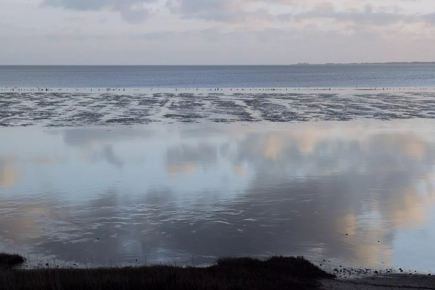 Et roligt, lavvandet kystområde ved lavvande reflekterer bløde skyer og himmel, med blottet vådt sand og en fjern horisont under en blid, pastelfarvet aftenhimmel.