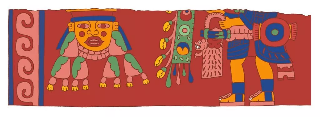 En farverig illustration i stil med gammel mexicansk kunst viser et maskelignende ansigt med fjer til venstre og den nederste halvdel af en person, der holder en udsmykket stav, til højre på en rød baggrund.