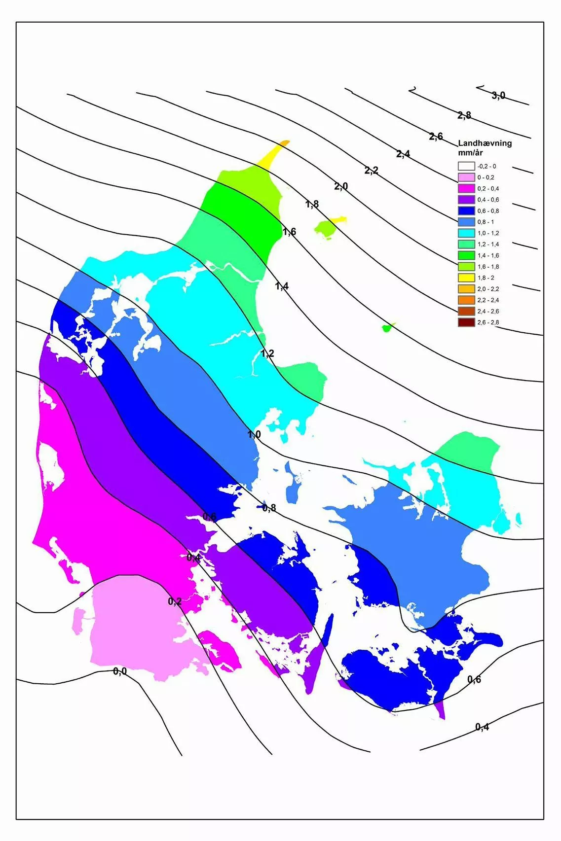Kort over Danmark, der viser landindsynkning i millimeter om året, med farvekodede regioner og konturlinjer, der angiver forskellige niveauer af indsynkning i hele landet. Tegnforklaring forklarer farverne fra under 0,2 til over 2,0 mm/år.