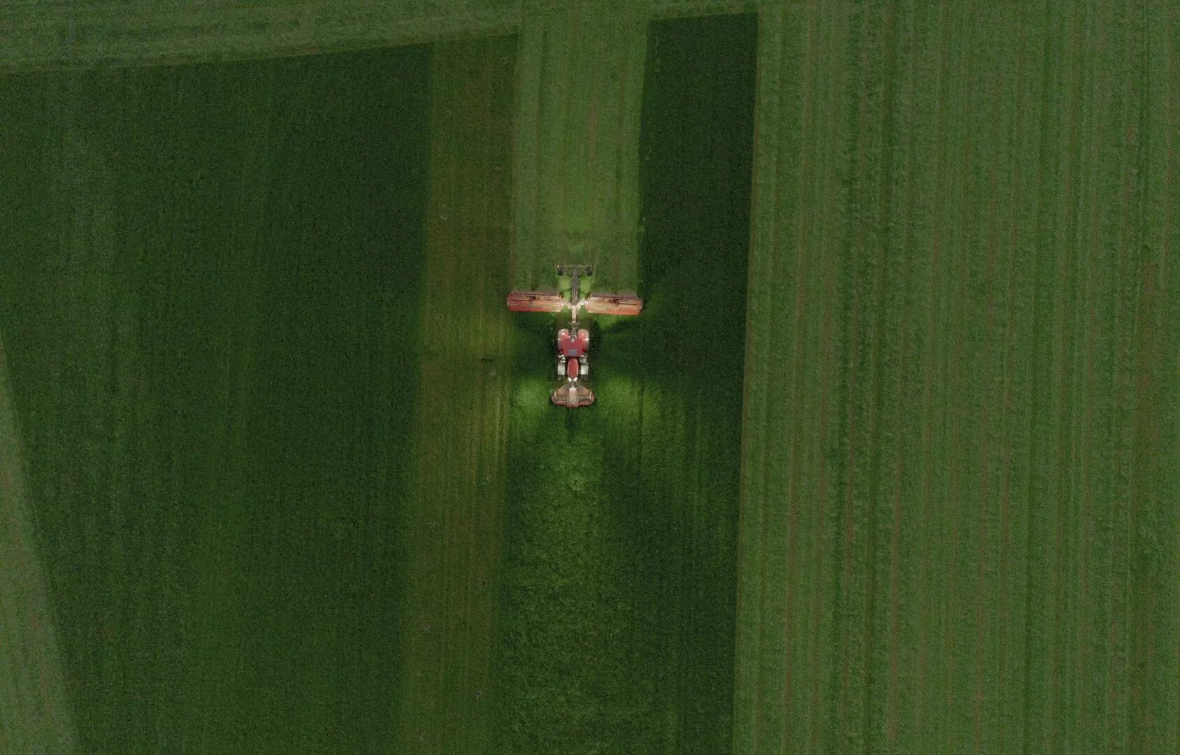 Luftfoto af en rød traktor, der pløjer en grøn mark og skaber tydelige linjer i afgrøden. Traktoren er placeret i midten og arbejder sig gennem det frodige, mønstrede landskab.