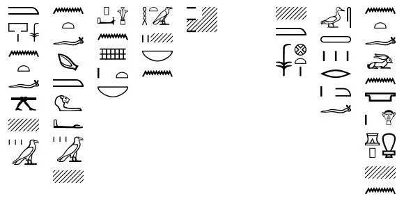 Sort-hvidt billede af gamle egyptiske hieroglyffer arrangeret i to separate rektangulære klynger på en hvid baggrund.