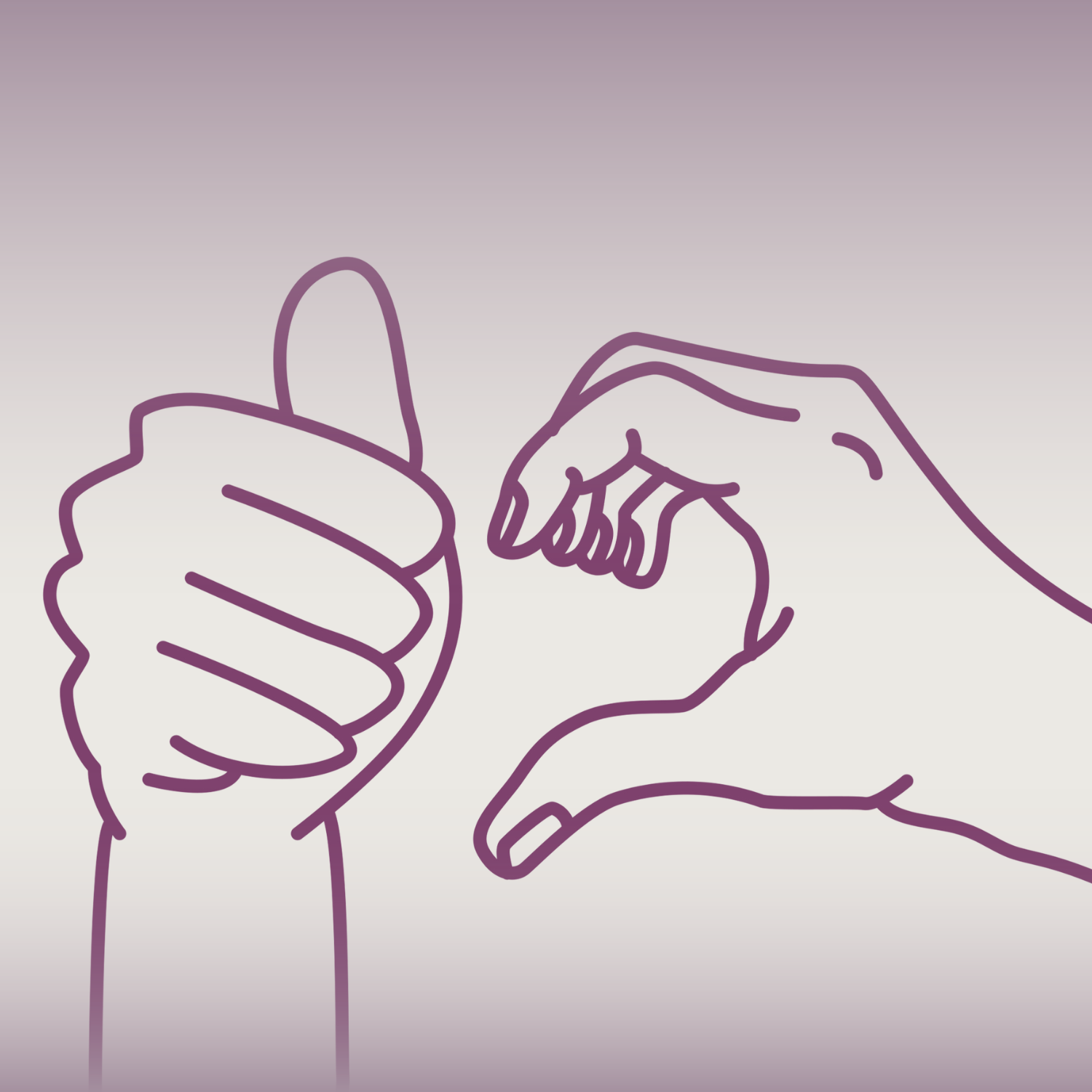 To illustrerede hænder skitseret i lilla: den ene vender tommelfingeren op, og den anden vender tommelfingeren ned på en lys baggrund.