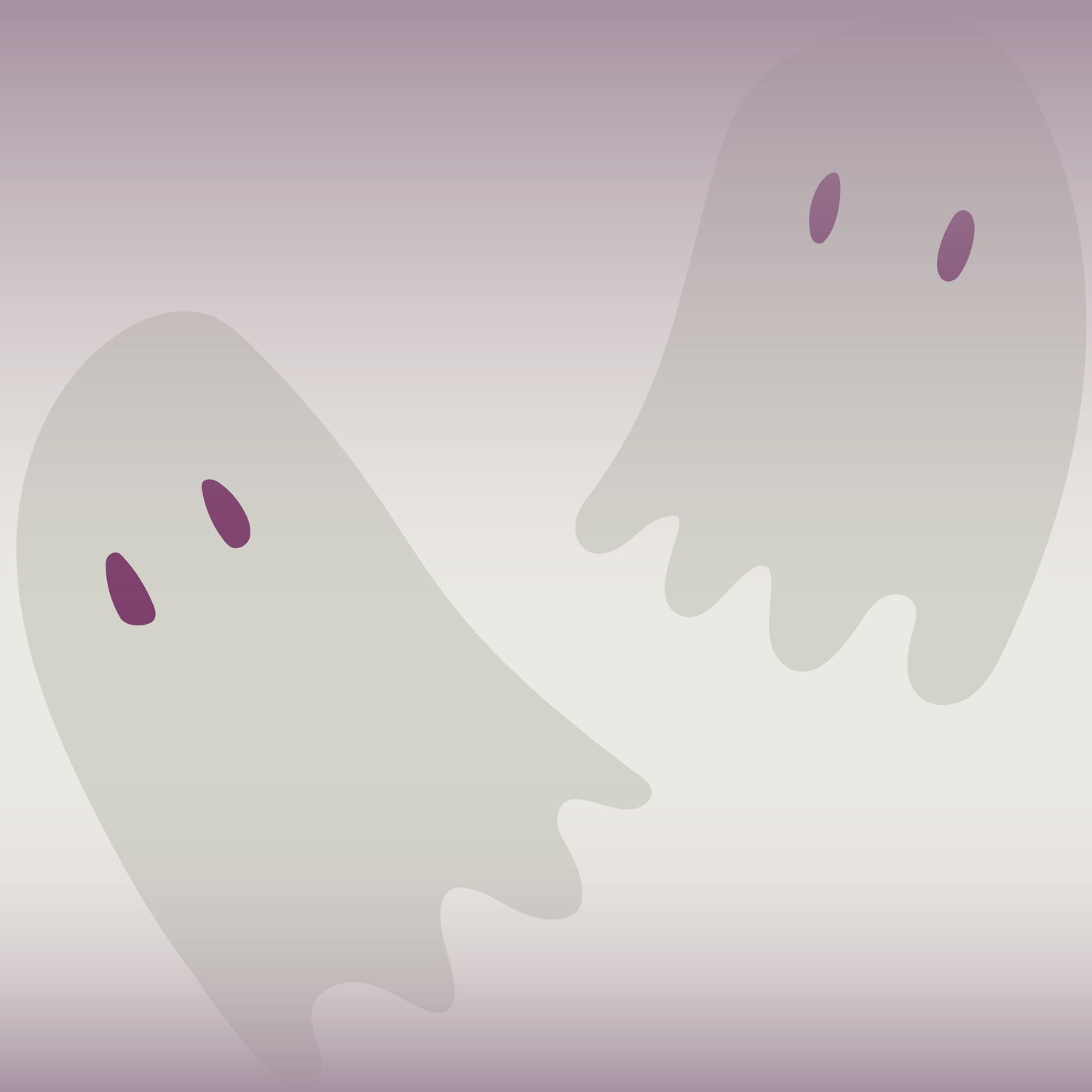 To enkle, gennemskinnelige spøgelsesfigurer med lilla ovale øjne svæver på en baggrund med gradient, der går fra lavendel øverst og nederst til hvid i midten.