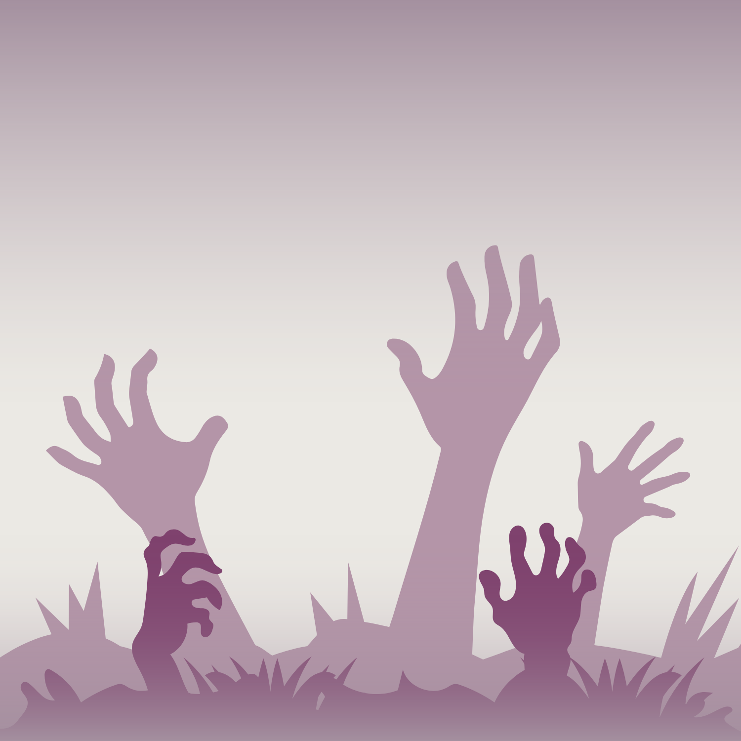 Illustration af flere lilla zombielignende hænder, der kommer op af jorden med græs og planter omkring sig, og som rækker opad mod en gradient fra hvid til lilla baggrund.