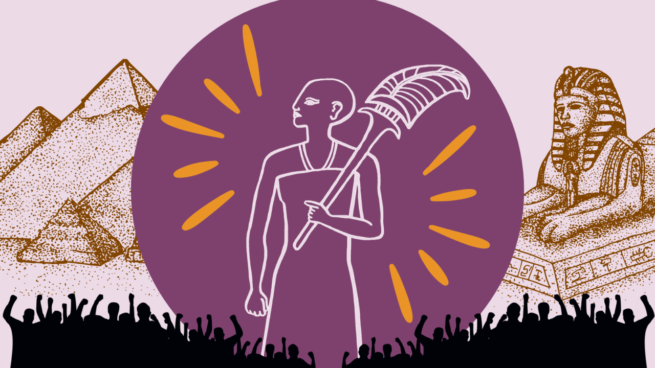Illustration af en farao, der holder en stav foran en lilla cirkel med gule stråler bagved. I baggrunden ses pyramider, sfinksen og en jublende folkemængde.