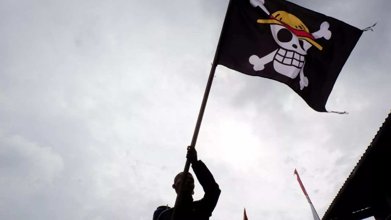 En person holder et sort piratflag op med et kranie med gul hat og korslagte knogler, inspireret af anime-serien One Piece, mod en overskyet himmel.