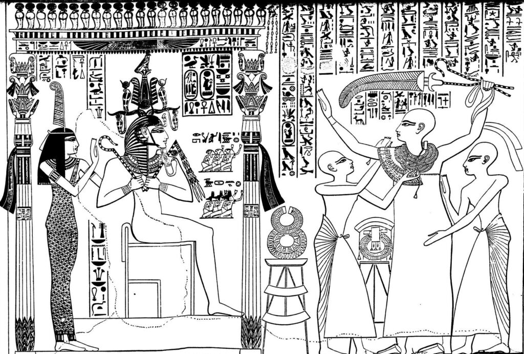 En gammel egyptisk scene viser en siddende farao