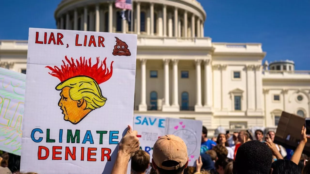 En menneskemængde protesterer uden for det amerikanske Capitol med skilte. Et af skiltene viser en tegneserie af Donald Trump med rødt hår i flammer og teksten LØGNER, LØGNER og KLIMAFORNÆGTER med en bæ-emoji over hans hoved.