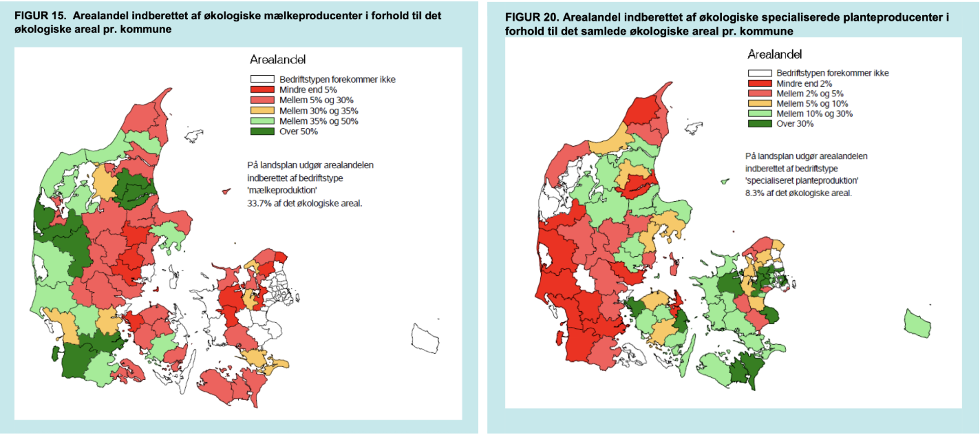 To kort over Danmark viser andelen af økologisk areal pr. kommune: et for økologiske husdyrproducenter (til venstre) og et for specialiserede økologiske planteproducenter (til højre). Områderne er skraveret fra grøn (lav) til rød (høj) procentdel.