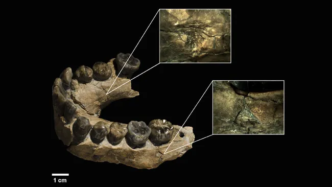 Her ses en fossiliseret underkæbeknogle med slidte tænder. To nærbilleder fremhæver detaljerede områder på knoglens overflade. En skala nederst til venstre angiver 1 cm som størrelsesreference.