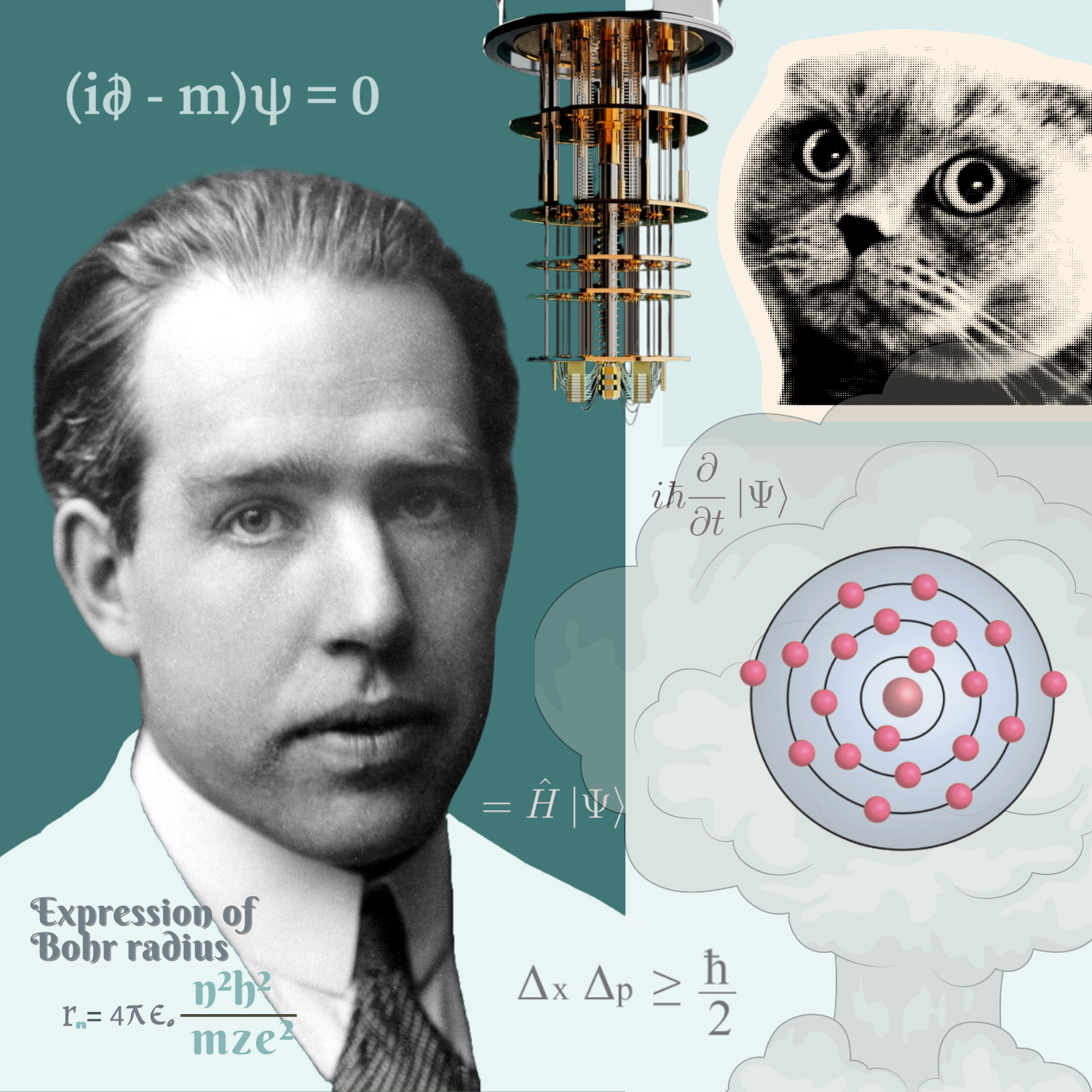 En collage med Niels Bohr, kvanteformler, en kvantecomputer, en kat og en Bohr-atom-model symboliserer kvantefysiske begreber og det berømte tankeeksperiment med Schrödingers kat.