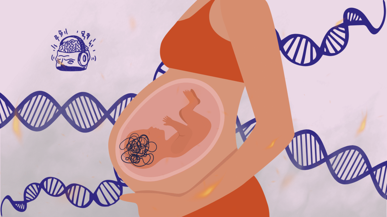 Illustration af en gravid person med et foster inde i livmoderen. Fosteret har en krusedulle, der hvor hjernen er. I baggrunden ses DNA-kæder.