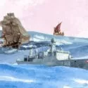 En digital illustration viser tre danske skibe fra forskellige epoker - et moderne flådefartøj, et gammelt træsejlskib og en middelalderbåd - der sejler på stiliserede blå bølger under en lyserød himmel, hver med det danske flag.