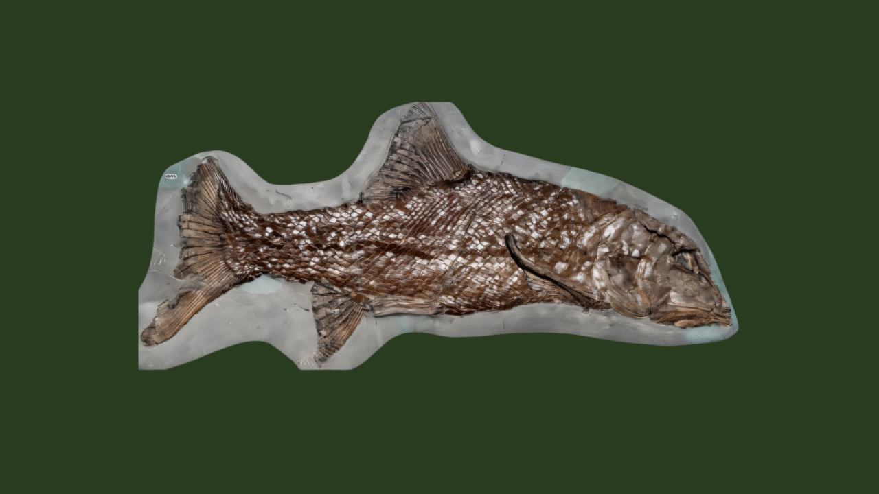 Et bevaret fiskefossil vises på en flad overflade med en mørkegrøn baggrund. Fossilet viser detaljerede skæl, finner og knoglestruktur, som fremhæver den gamle fisks træk.