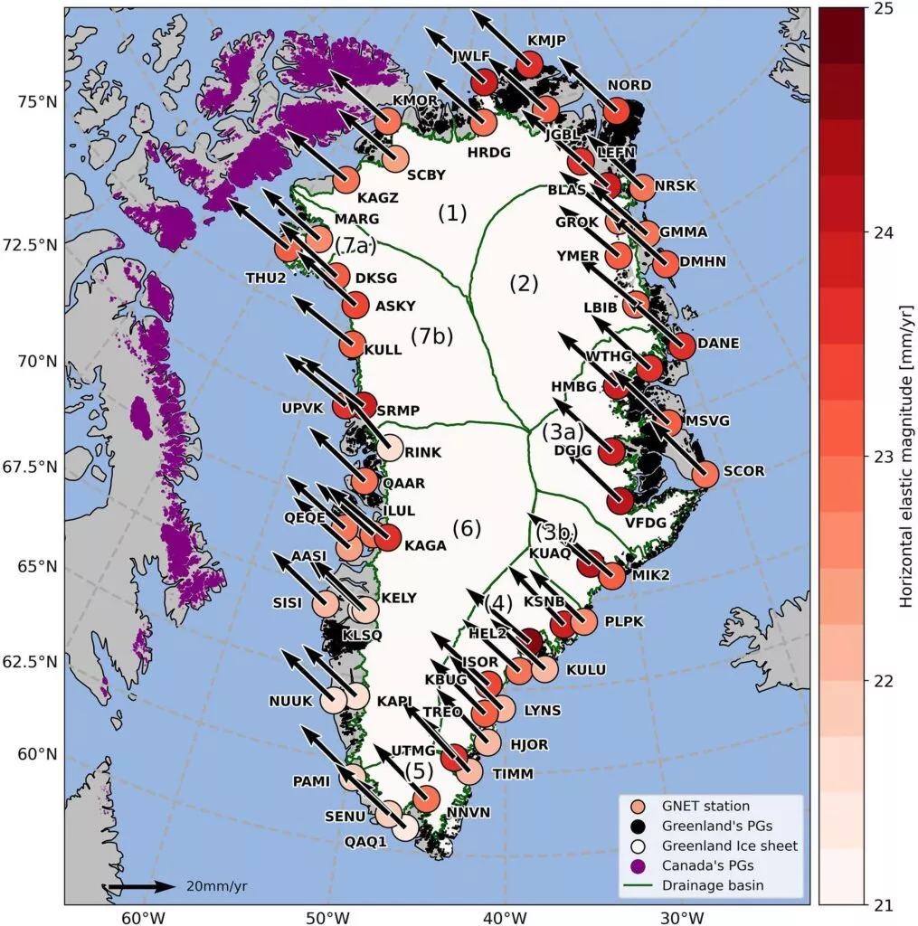 Kort over Grønland med farvede nuancer fra 21 til 25 mm/år, der repræsenterer elastisk hævning, afvandingsområder, GNET og canadiske stationer markeret, og indlandsisen og den canadiske iskappe fremhævet.