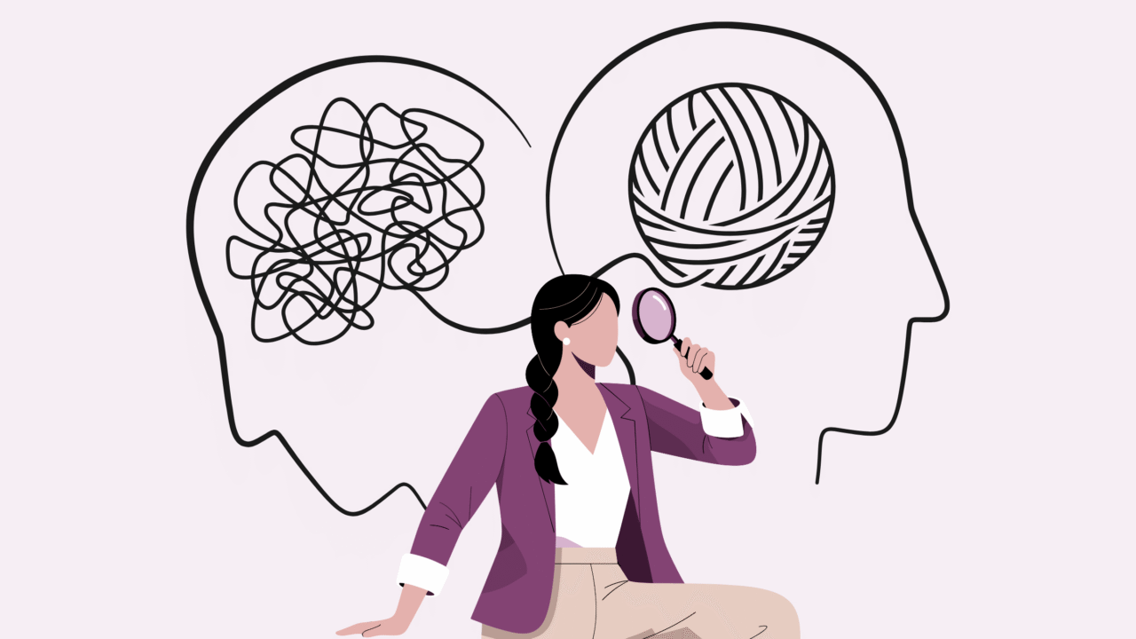 Illustration af en kvinde, der holder et forstørrelsesglas og sidder foran to skitserede hoveder; det ene hoved er fyldt med sammenfiltrede linjer og det andet med et sirligt oprullet garnnøgle, der symboliserer mental klarhed og forvirring.