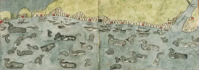 Historisk kortillustration, der viser adskillige skibe og hvaler i havet nær en klippekyst med nogle få markerede steder; scenen er tegnet i dæmpede farver med enkle, stiliserede detaljer.