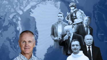 En collage af seks personer, herunder politikere, en soldat i taktisk udstyr og en mand i en stribet skjorte, er lagt oven på et blåtonet kort over Grønland og den arktiske region.