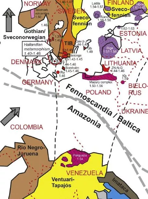 Et geologisk kort, der viser dele af Europa og Sydamerika og fremhæver regioner i Norge, Sverige, Danmark, Finland, Tyskland, Polen, Litauen, Letland, Colombia og Venezuela med indtegnede geologiske elementer.
