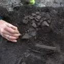 En person bruger et lille redskab til forsigtigt at grave og børste jord væk fra en klynge af keramikskår og andre artefakter, der er delvist begravet i mørk jord.