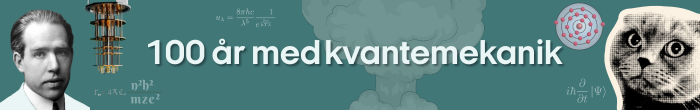Banner med teksten 100 år med kvantemekanik over kvante-relaterede billeder: videnskabsmand, kvantecomputer, ligninger, paddehattesky, atommodel og et stiliseret katteansigt.