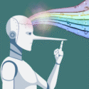 En robot med en lang næse, der ligner Pinocchio, holder en pegefinger op, mens farverige, flydende strømme med bobler kommer ud af dens sprukne hoved og symboliserer fantasi eller løgne.