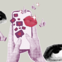 En collage af hænder, der holder en telefon med hjerter, likes og en læbe-emoji på skærmen, omgivet af illustrerede øjne og tommelfinger op-symboler på en neutral baggrund.