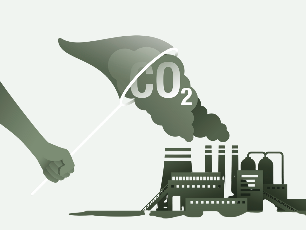 Illustration af en hånd, der bruger et net til at indfange CO2-udledninger fra skorstene på en industrifabrik, hvilket symboliserer indsatsen for at reducere kuldioxidforureningen.