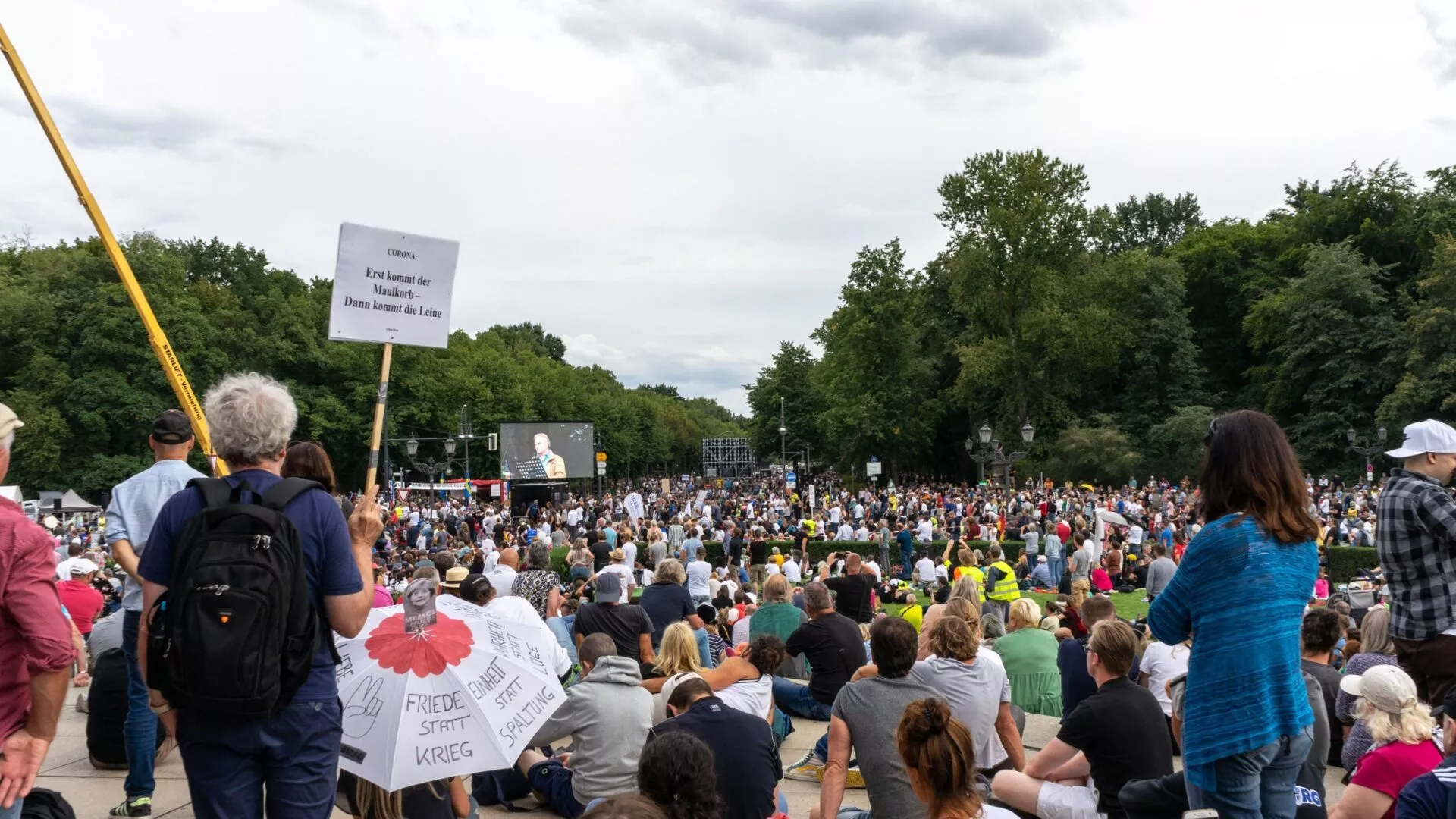 En stor mængde mennesker, nogle siddende og andre stående, samles udendørs til en protest. Flere holder skilte, og området er omgivet af træer under en overskyet himmel.