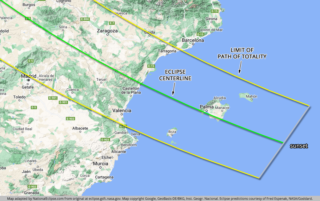 Kort over det østlige Spanien, der viser banen for en solformørkelse. Grøn linje markerer midterlinjen, gule linjer viser grænserne for totalitet. Labels angiver formørkelsens centerlinje, grænsen for den totale bane og solnedgang.