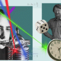 En collage med to mænd, en laser, et ur, en terning, matematiske ligninger og farverige lysstråler, der symboliserer begreber som kvantefysik og sandsynlighed.