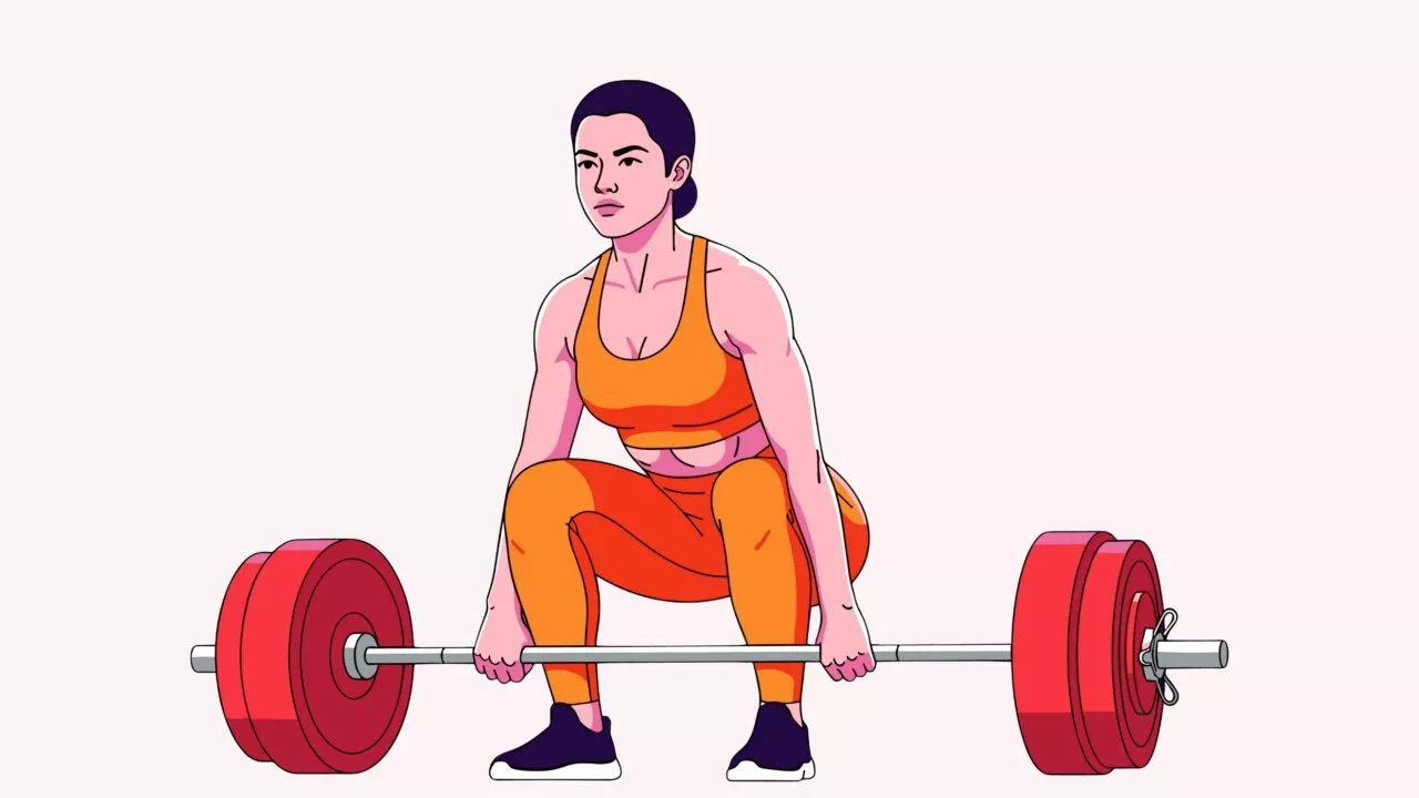 Illustration af en kvinde i orange træningstøj, der forbereder sig på at løfte en vægtstang med røde vægtskiver i hugsiddende stilling på en lys baggrund.