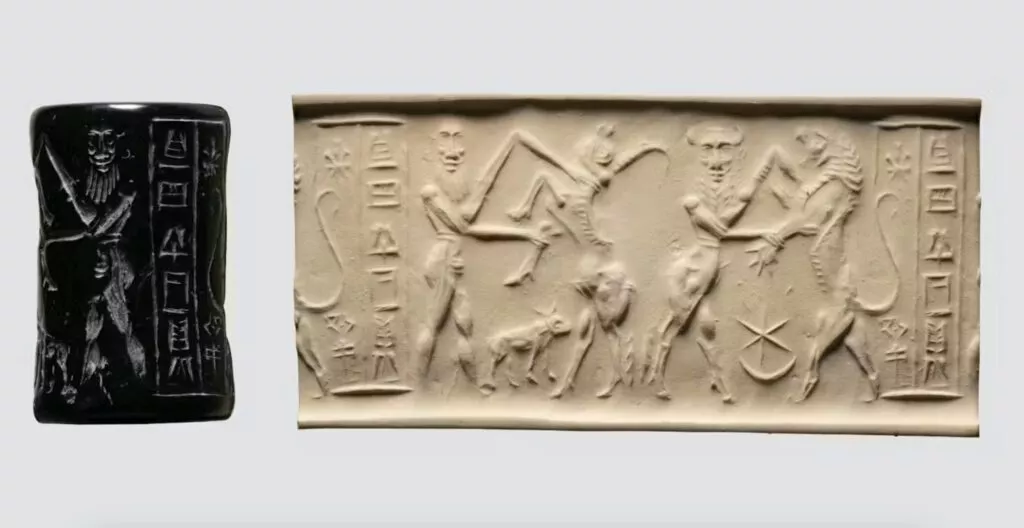 Akkadisk cylindersegl af serpentin, cirka 2250–2150 f.v.t., der viser en tyre-mand i kamp med en løve og en nøgen, skægget helt i kamp med en vandbøffel. Billedet til højre viser det aftryk, seglet lavede