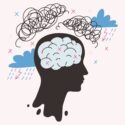 En silhuet af en persons hoved med en hjerne fyldt med kruseduller og X-mærker, omgivet af uvejrsskyer, regn og lyn, der symboliserer psykiske problemer eller angst.