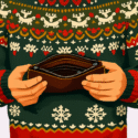 En person iført en festlig julesweater holder en åben, tom pung med begge hænder. Sweateren har julemønstre som rensdyr, snefnug og hjerter i røde, hvide og grønne farver.